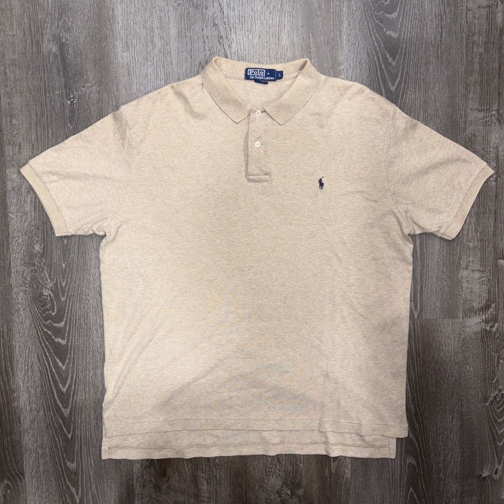 Vintage Polo Ralph Lauren Polo Shirt Tan Heather Navy Pony Men's L Short Sleeve